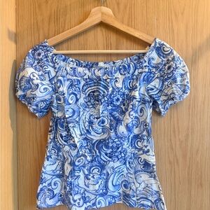 Authentic Prada Milano Blue & White Toile Puff Sleeve Top